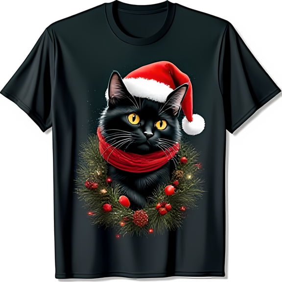 Festive Black Cat Christmas T-Shirt with Santa Hat & Holly Wreath Graphic