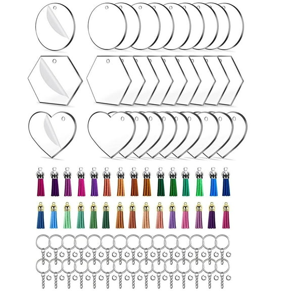 DIY 30 PCS Acrylic Ornament Keychain Blank Clear Keychains Tassels Vinyl Art Crafting Hexagon/Round/Heart-shaped