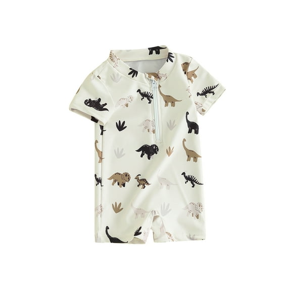Kids Boys Summer Swimsuit Casual Tree/Dinosaur Print Zipper Short Sleeve Jumpsuit Swimwear Beachwear Bathing Suit
