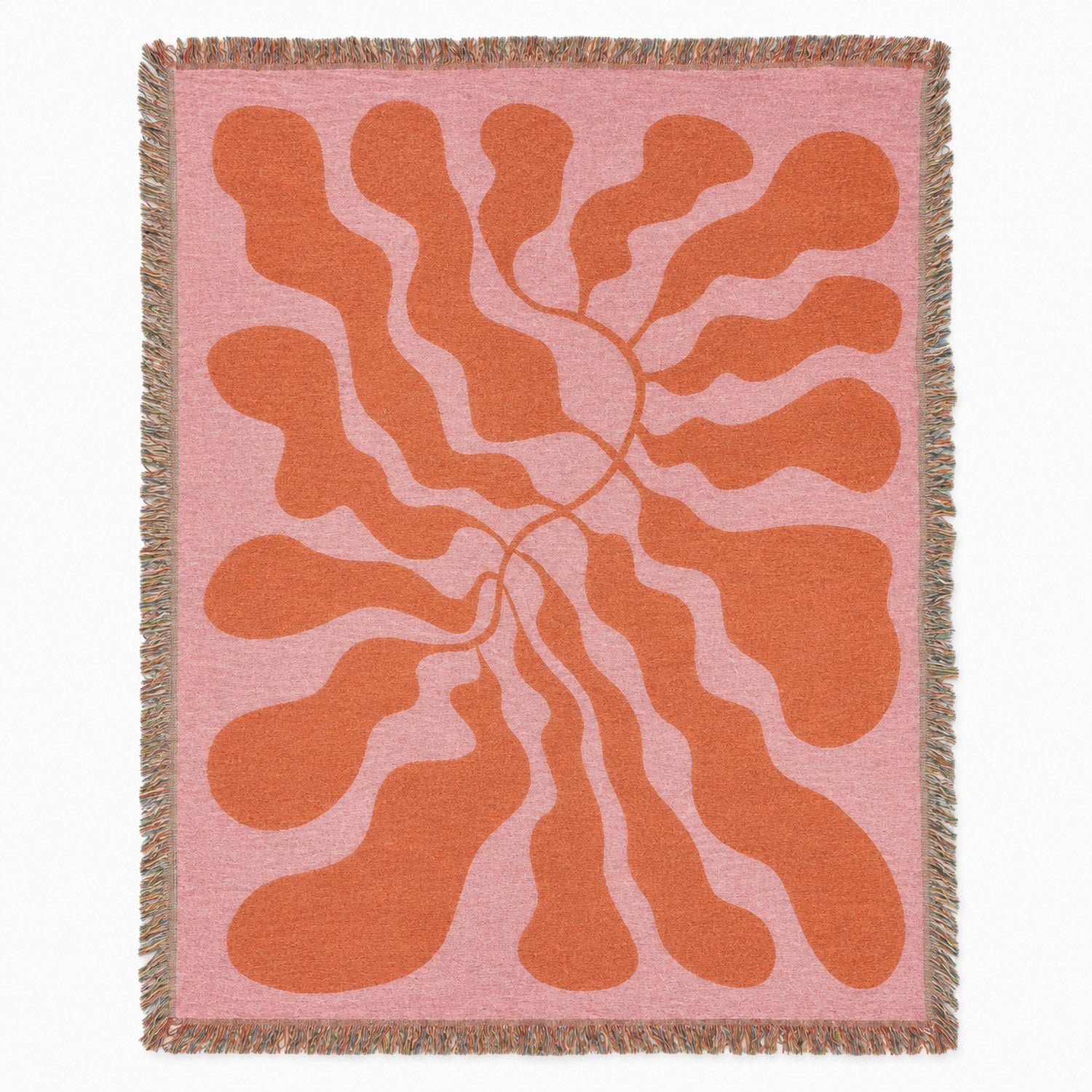 Pink and Orange Abstract Organic Woven Throw Blanket 100% Cotton Retro Modern Decor for Sofa or Bed
