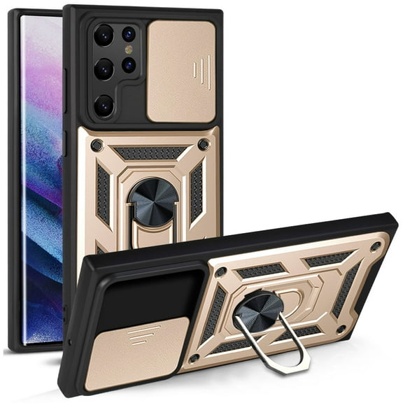 For Samsung Galaxy S21 Ultra Case with Sliding Camera Lens Cover and Ring Kickstand Heavy Duty Military Grade Rugged Protection Shockproof Back Phone Cover for Samsung Galaxy S21 Ultra, Gold