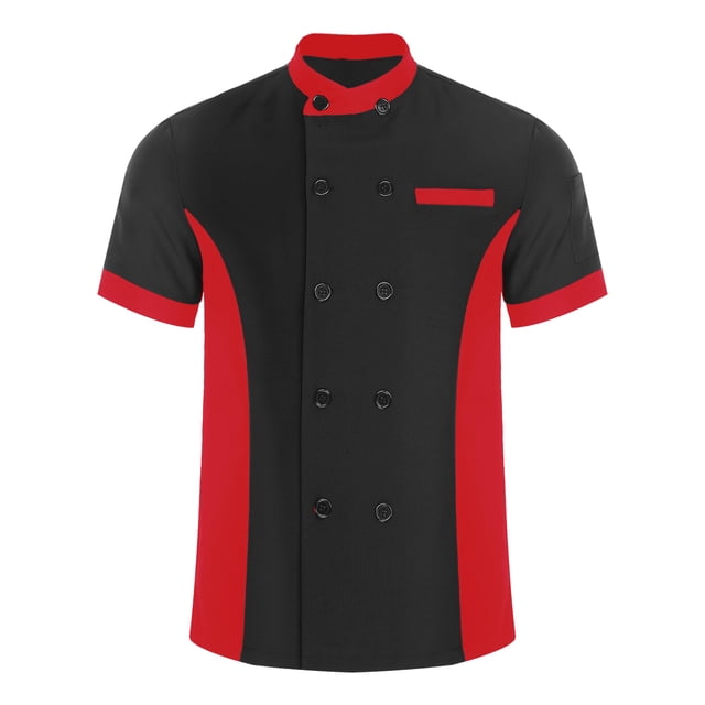 CHICTRY Unisex Men Women Button Chef Shirt Restaurant Work Chef Coat Uniform Hotel Cooking Baking Caterers Wear Black&Red XL