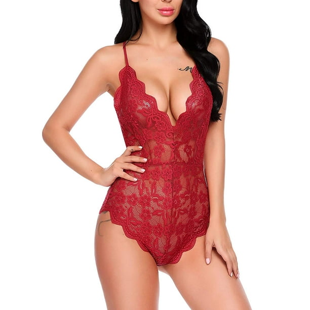 Womens Corset Bodysuit Top Sexy Deep V Neck Mesh Backless Thong Bodysuit  Going Out Tops with Underwire, Red, Medium : : Fashion