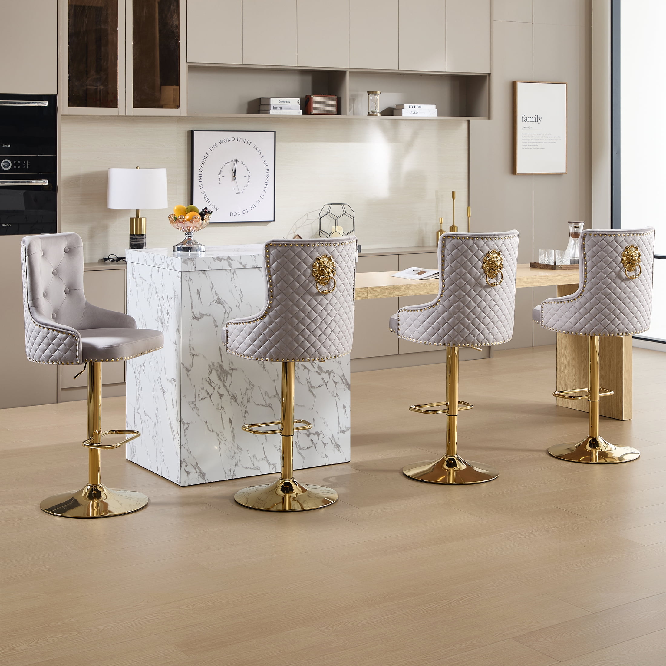 Velvet Gold Bar Stools Set of 2 Modern Counter Height Bar Stools with Lion Pull Ring Tufted High Back, Nailhead Upholstered Barstools for Home Kitchen Island, Swivel Adjustable Stool Chair in Grey