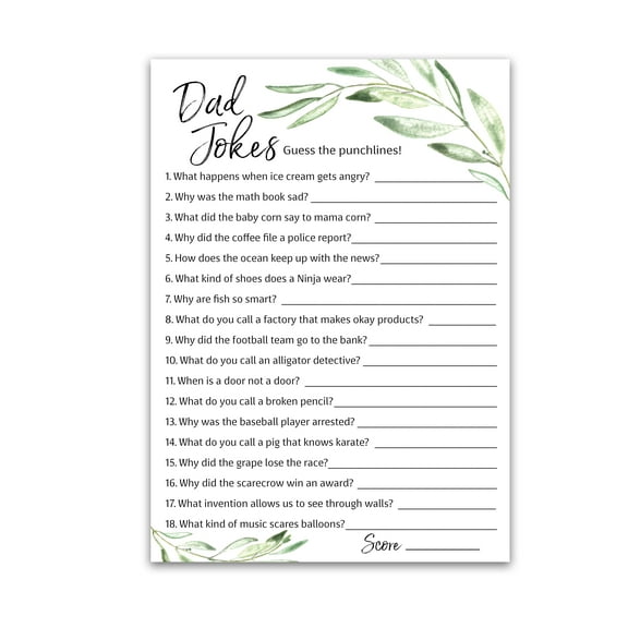 GREENERY DAD JOKES Baby Shower Games, Daddy Jokes Shower Trivia Games — Pack of 25 — Fun Dad Joke Game, Green Gender Neutral Funny Joke Trivia, Sprinkle Gender Reveal Party, Birthday G320-DJK