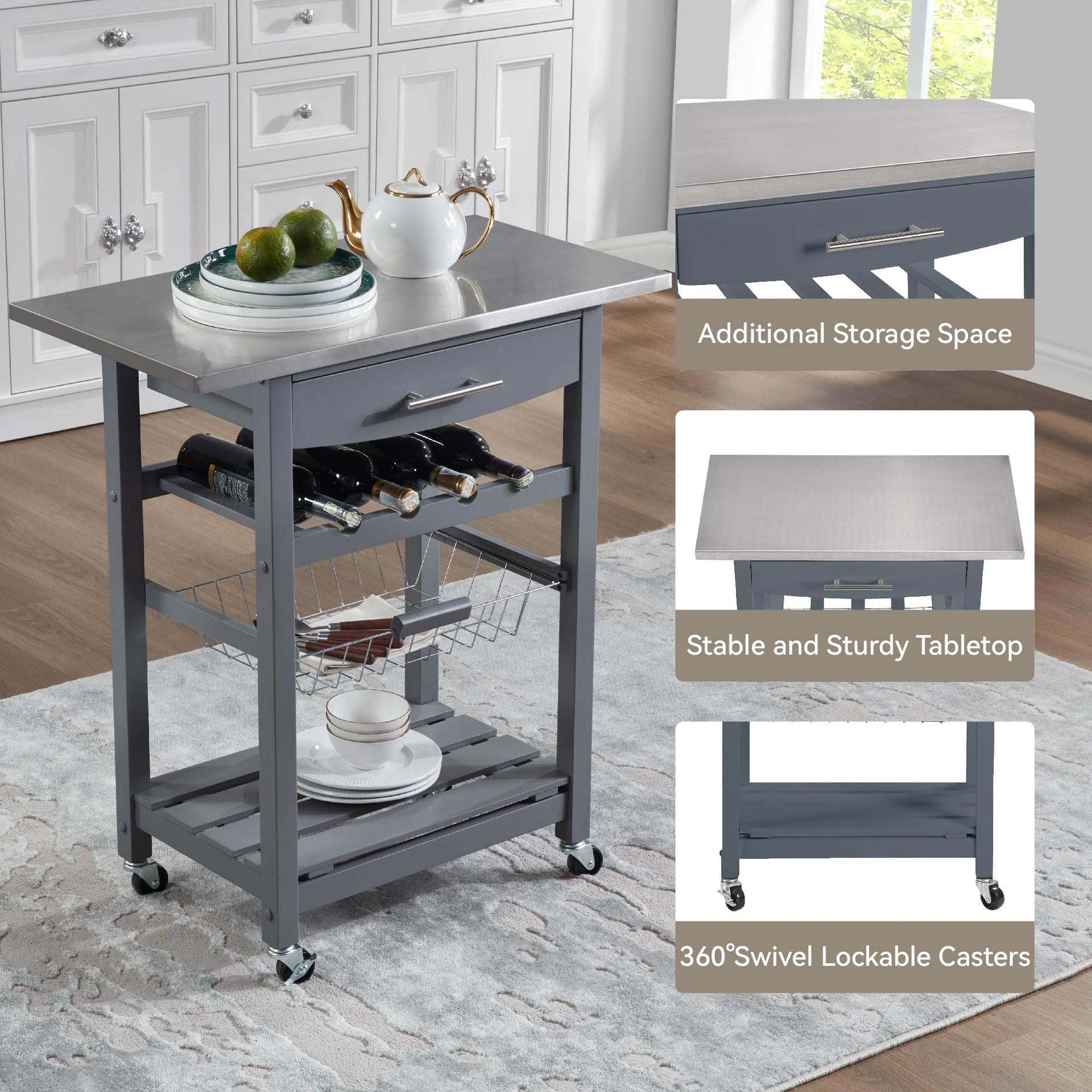 Mobile Rolling Kitchen Island Trolley Serving Cart with Underneath Drawer & Slide-Out Wire Storage Basket