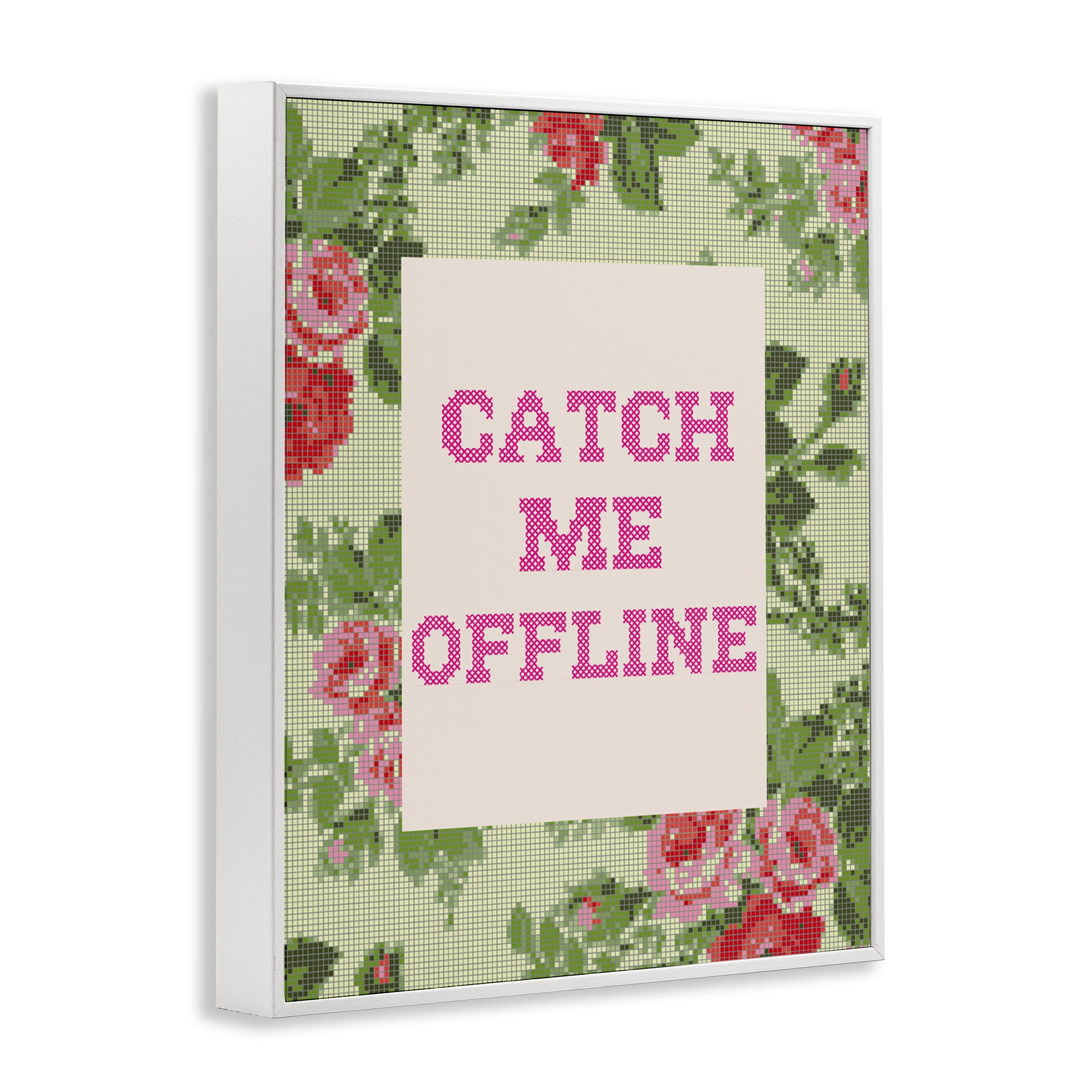 Stupell Industries Catch Me Offline Faux Cross Stitch White Framed Giclee Art, design by Lil' Rue
