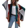 thumbnail image 1 of Cárdigan de punto de manga larga de murciélago, franjas de diferente color a cuadros, suéter de gran tamaño con frente abierto para mujer, color verde negruzco S, 1 of 6