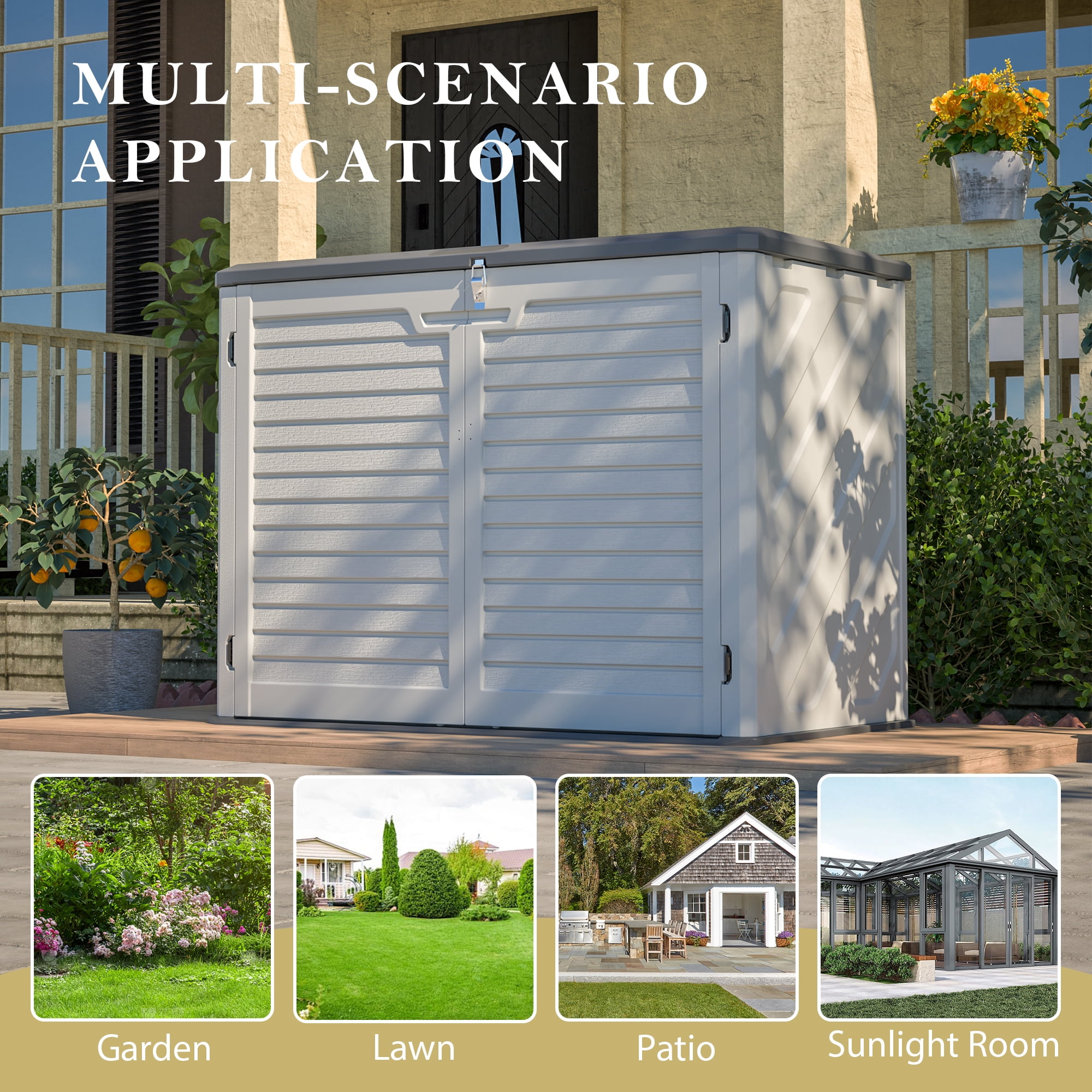 LZBEITEM 25 Cu.ft Upgraded Outdoor Horizontal Storage Shed with 2 Adjustable Shelves, Weather-Resistant Resin Tool Sheds, Multi-Opening Door, Waterproof & Lockable