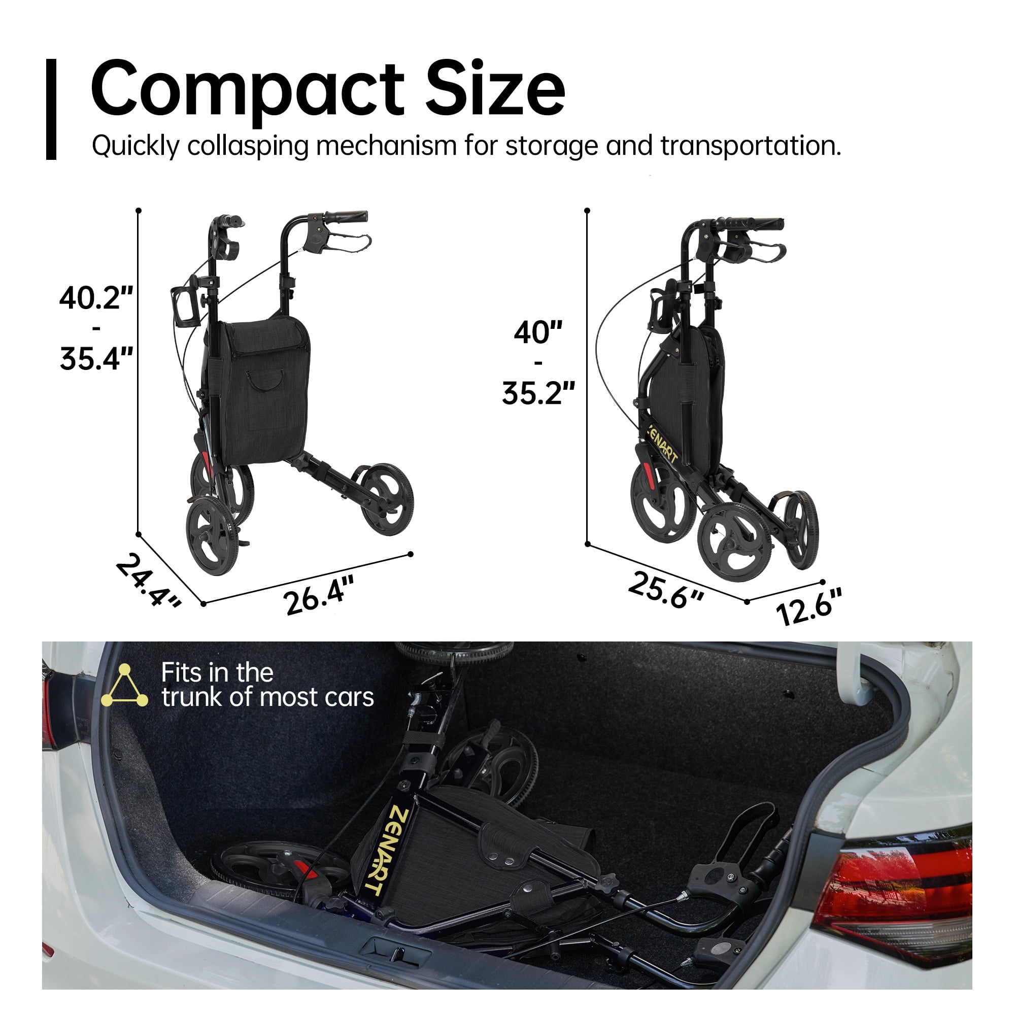 ZENART Foldable 3 Wheel Rollator Walker Lightweight for