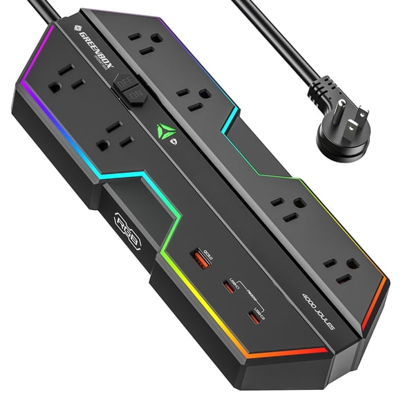 Multiprise Parafoudre 4000J avec Ports USB, Multiprise 6 Prises avec Lumières RGB et PD Charge Rapide 20W, Prise Espacée Parfaite pour Sports Électroniques, Jeux PC, Maison et Bureaux