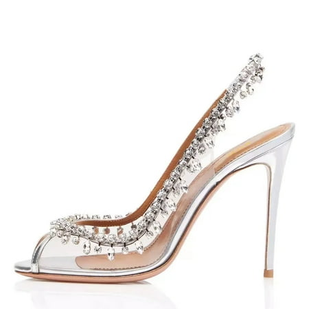 

Women s Sandals Spring/Summer New High Heel Fashion Crystal Rhinestone Chain Banquet Fine Heel Fish Mouth Single Shoe