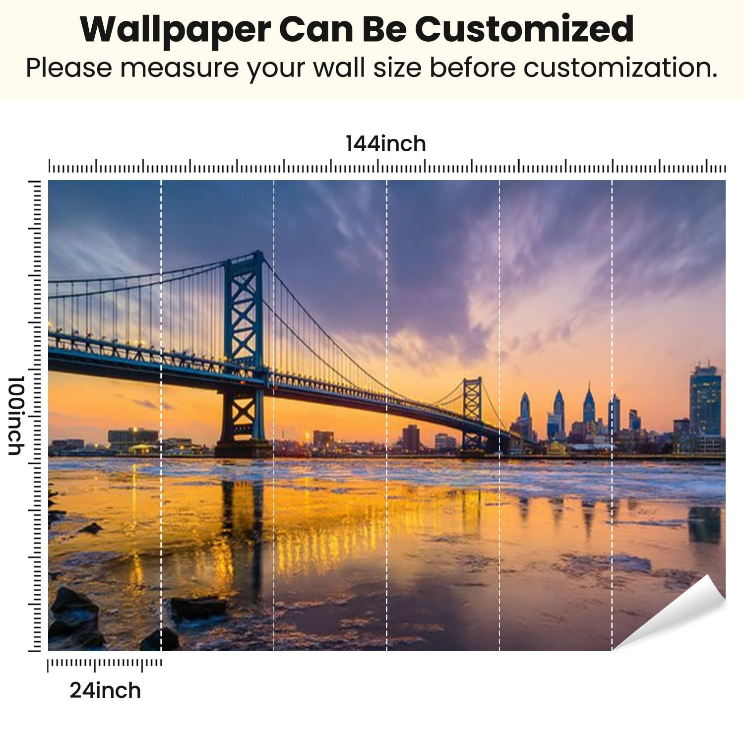 Peel and Stick Wallpaper Panorama Philadelphia skyline Bridge s Landing Modern Art Wall Mural Decor Self Adhesive and Removable 100in x 144in