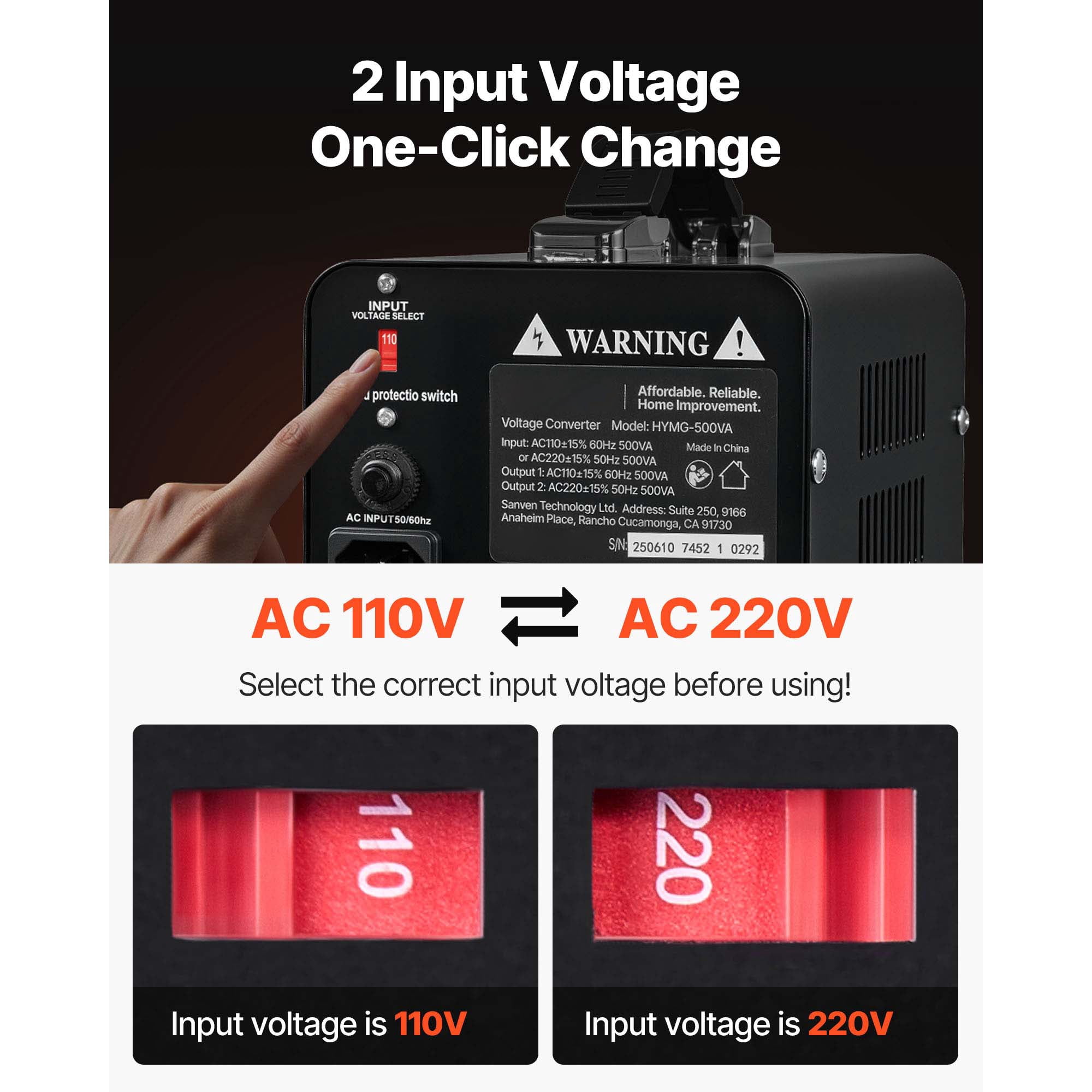 KFFKFF Voltage Converter Transformer, 500VA, Durable Step Up/Down Power Transformer, Switch Between 110V and 220V, Includes US and EU Outlets, Power Cord, and Circuit Breaker Protection