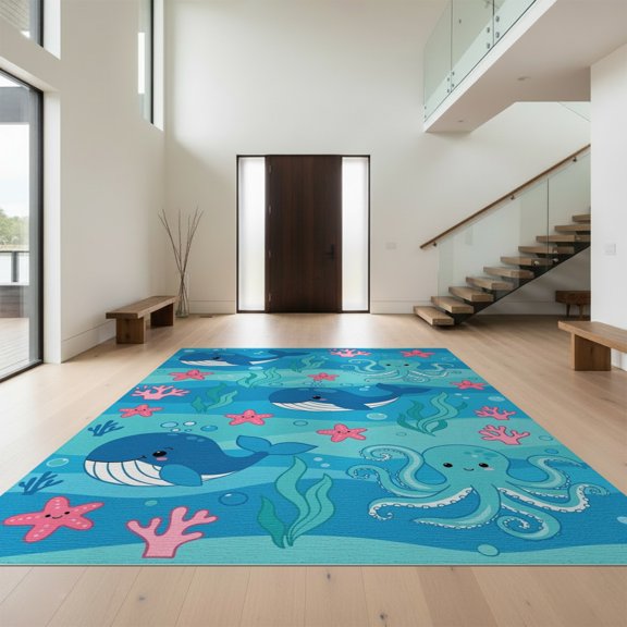 Design&I 8'x10' Washable Area Rug Extra Large Skid-Resistant Low Profile Ocean Whale Octopus Starfish Cartoon Animals Under Classroom Flowing Dynamic for Living Room, Family