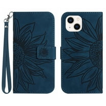 Mantto for Apple iPhone 14 6.1 inch (2022) Wallet Case with Wrist Strap,Stylish Sunflower Embossed PU Leather Shockproof Protective Magnetic Flip Stand Card Slots Protective Phone Cover,Inkblue