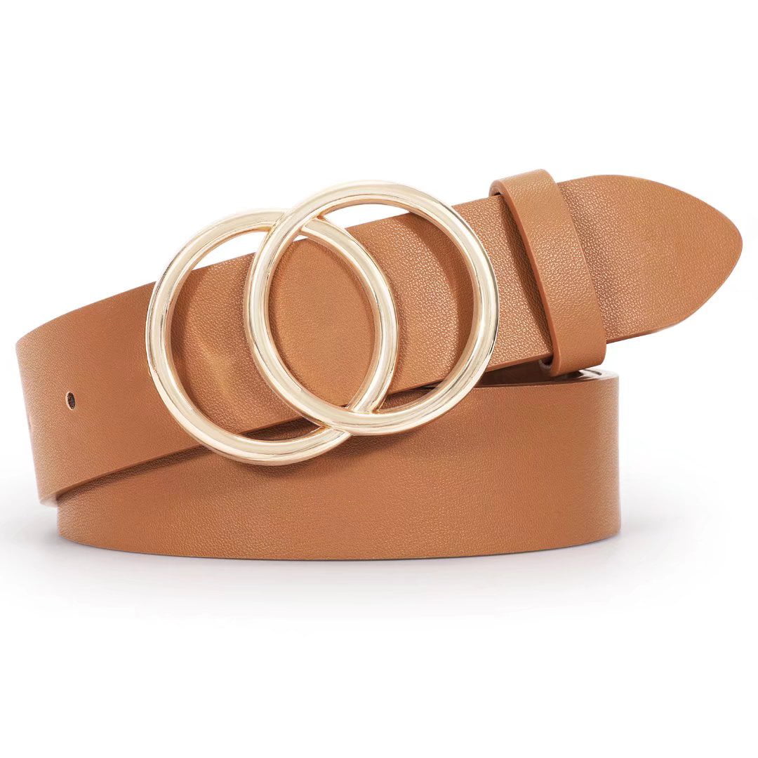 Whippy Women Leather Belt with Double Ring Buckle, Brown Waist Belt for ...