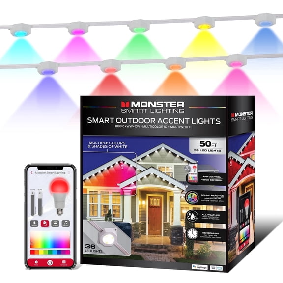 Monster 50 ft Permanent Outdoor Lights Smart, LEDs, Multi-White & Full Color, All-Weather Waterproof, App & Voice Control – Holiday & Year-Round Outdoor String Lighting