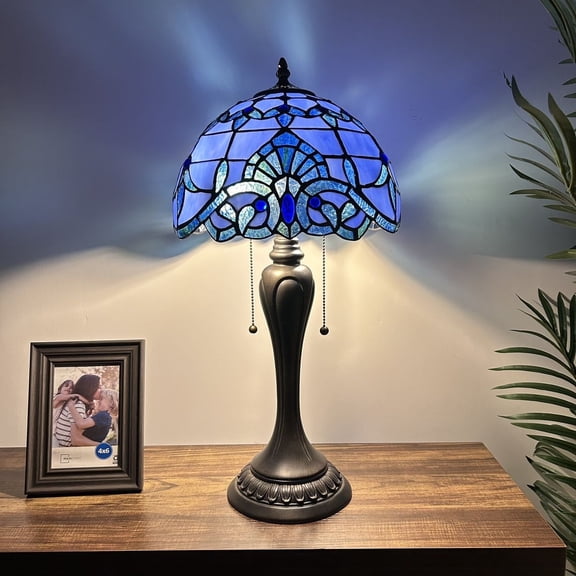 Blue Stained Glass Table Lamp Baroque Style LED Bulbs Included for Living Room Bedroom Bedside 12"W*12"D*22"H