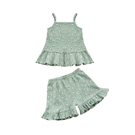

Bmnmsl Girls Summer Floral Spaghetti Strap Sleeveless Tops Ruffles Shorts