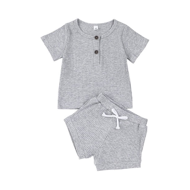 Algodón Casual verano recién nacido bebé niños niñas trajes traje acanalado de punto camisetas de manga corta Tops + Pantalones cortos 2 uds niños chándales Tan Jianjun unisex