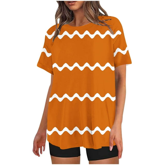 Mikilon Ensemble Élégant pour Femmes 2 Pcs Mode Décontractée Rayé Imprimé Col Rond Épaule Tombante Short Ensemble Deux Pièces Orange-C TP