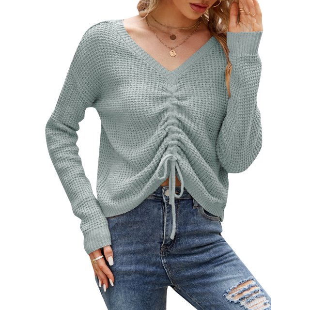 Jerséis de punto para mujer, cuello en V, cordón, manga larga, suéteres cortos informales MABOTO Camiseta de manga corta