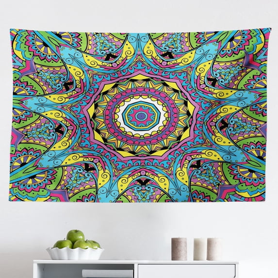 Psychedelic Tapestry, Moon and Sun with Many Fractal Faces Celestial Energy Mystic Art Print, Fabric Wall Hanging Decor for Bedroom Living Room Dorm, 2 Sizes, Yellow Dark Blue, by Ambesonne