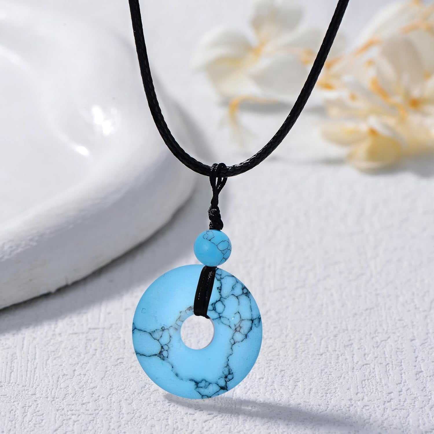 DVEATR Turquoise/Azurite/Tiger's Eye/Malachite/Moonstone Necklace for Women, Bare Stone Pendant Necklace Jewelry Gift, with 45.72 + 5.08cm Leather Cord Chain