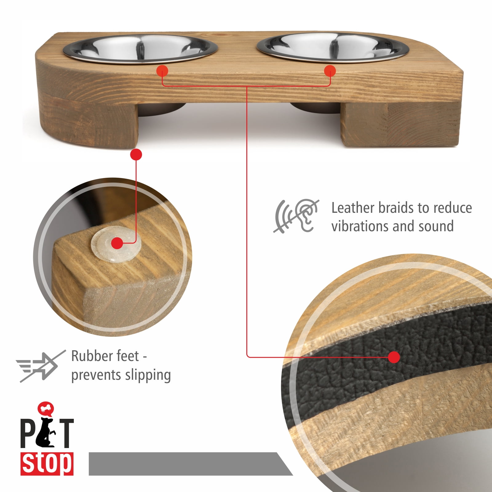 Pit stop Pet Food Bowls with Stand, Puppy Dog Feeding Bowls With Non-Skid Wooden Stand, Set of 2 Stainless Steel Food and Water Bowls for Dogs and Cats With Pine Wood Holder-Natural Wood Color-PET0004
