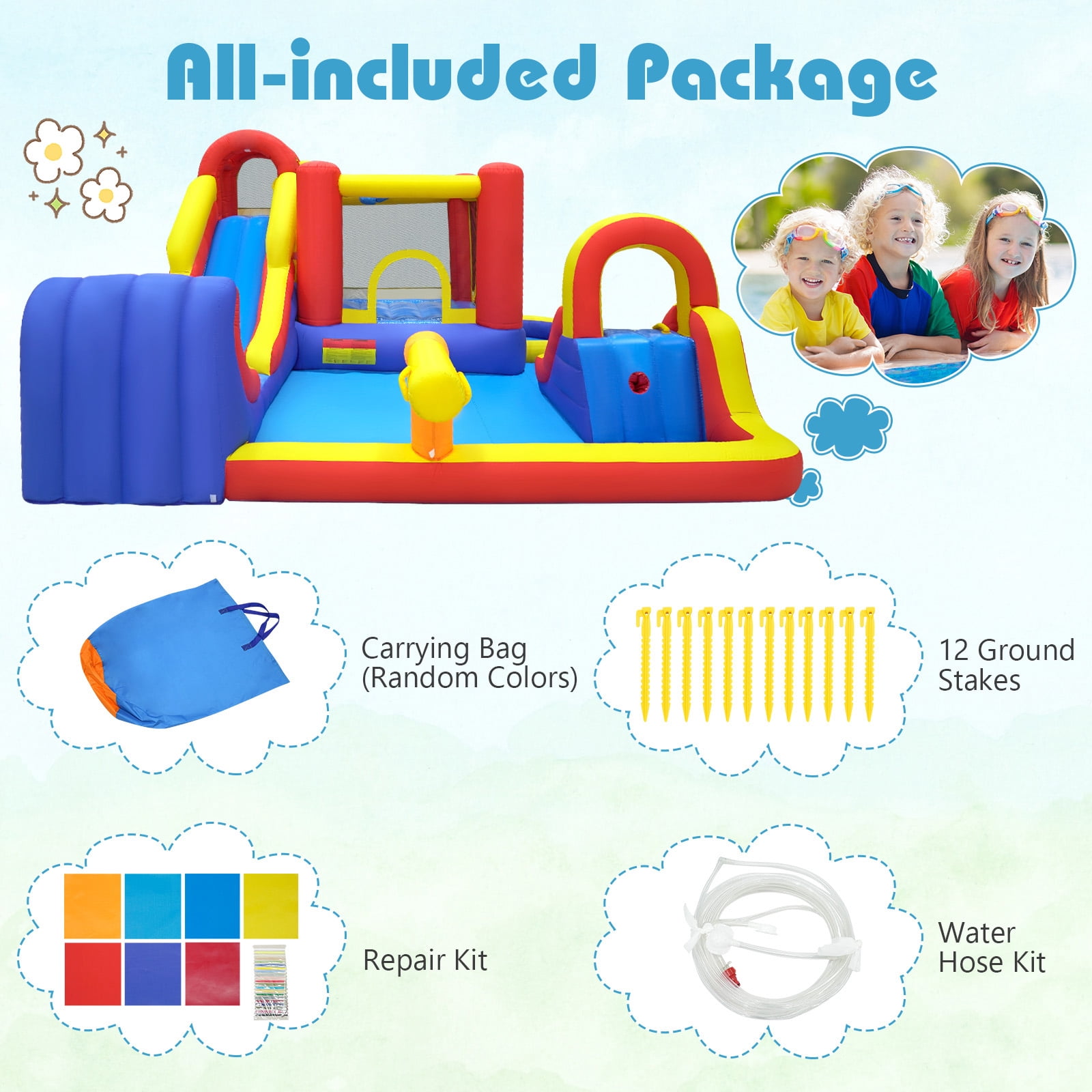 Gymax Inflatable Water Slide 7-in-1 Outdoor Bounce House w/ Dual Slides Splash Pool Water Cannon Climbing Wall & Basketball Hoop
