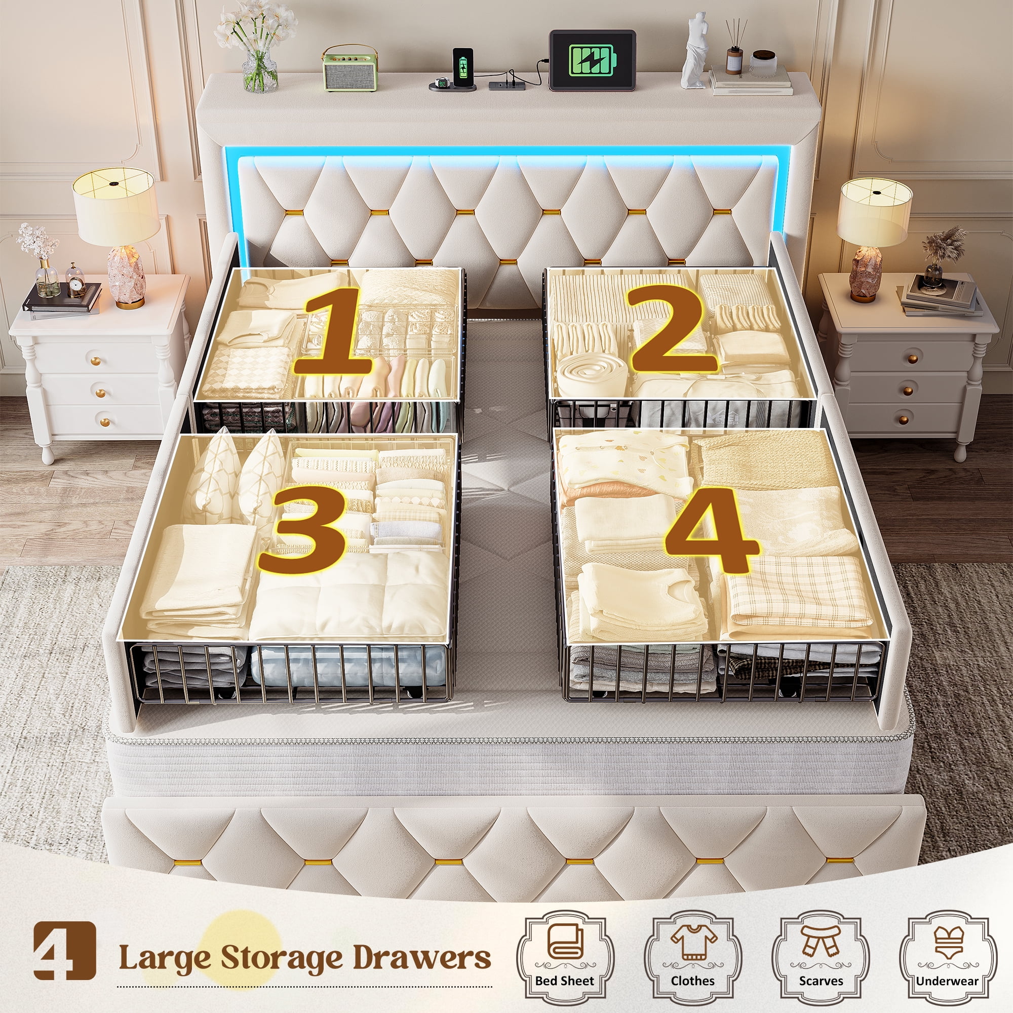 EnHomee Queen Size Bed Frame with 4 Storage Drawers Upholstered Bed with LED & Charge Station,Beige