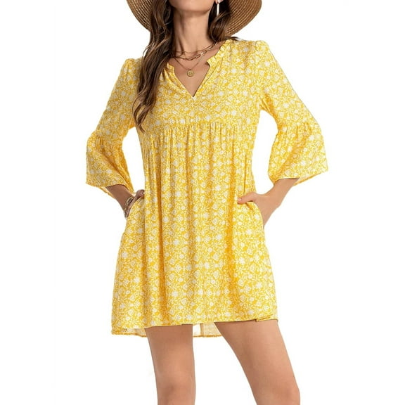 Women Summer Boho Dress 2025 Casual V Neck Babydoll Ruffle Sleeve Floral Mini Tunic Petite Sundress Yellow M
