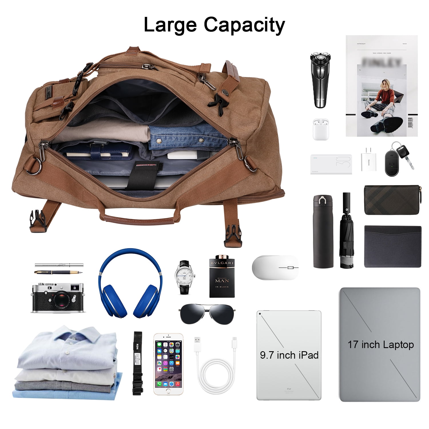 WITZMAN Travel Backpack for Men Large Canvas Backpack Luggage Carry on Duffel Bag A519-1 Brown