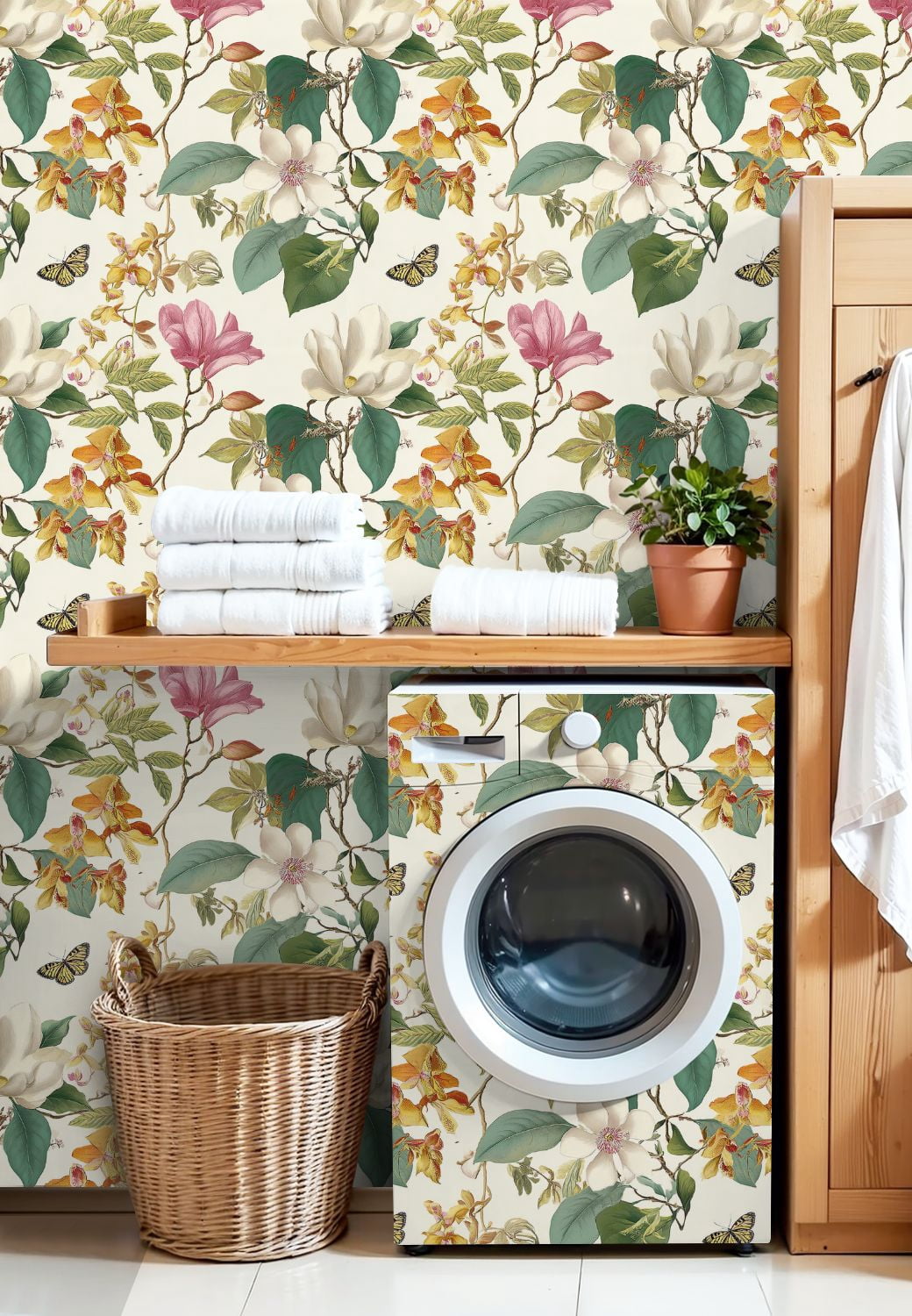 Boho Peel and Stick Wallpaper Vintage Floral Orchids Magnolias Butterflies Wall Mural 17.7in x 9.8ft Self Adhesive Removable Wall Paper Renter Friendly Wallpaper for Nursery Bedroom Cabinets