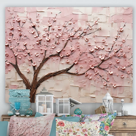 Designart "Pink and White Cherry Blossom Whisper" Floral Wall Art - Traditional Pink Flowers Entryway Wall Art Print