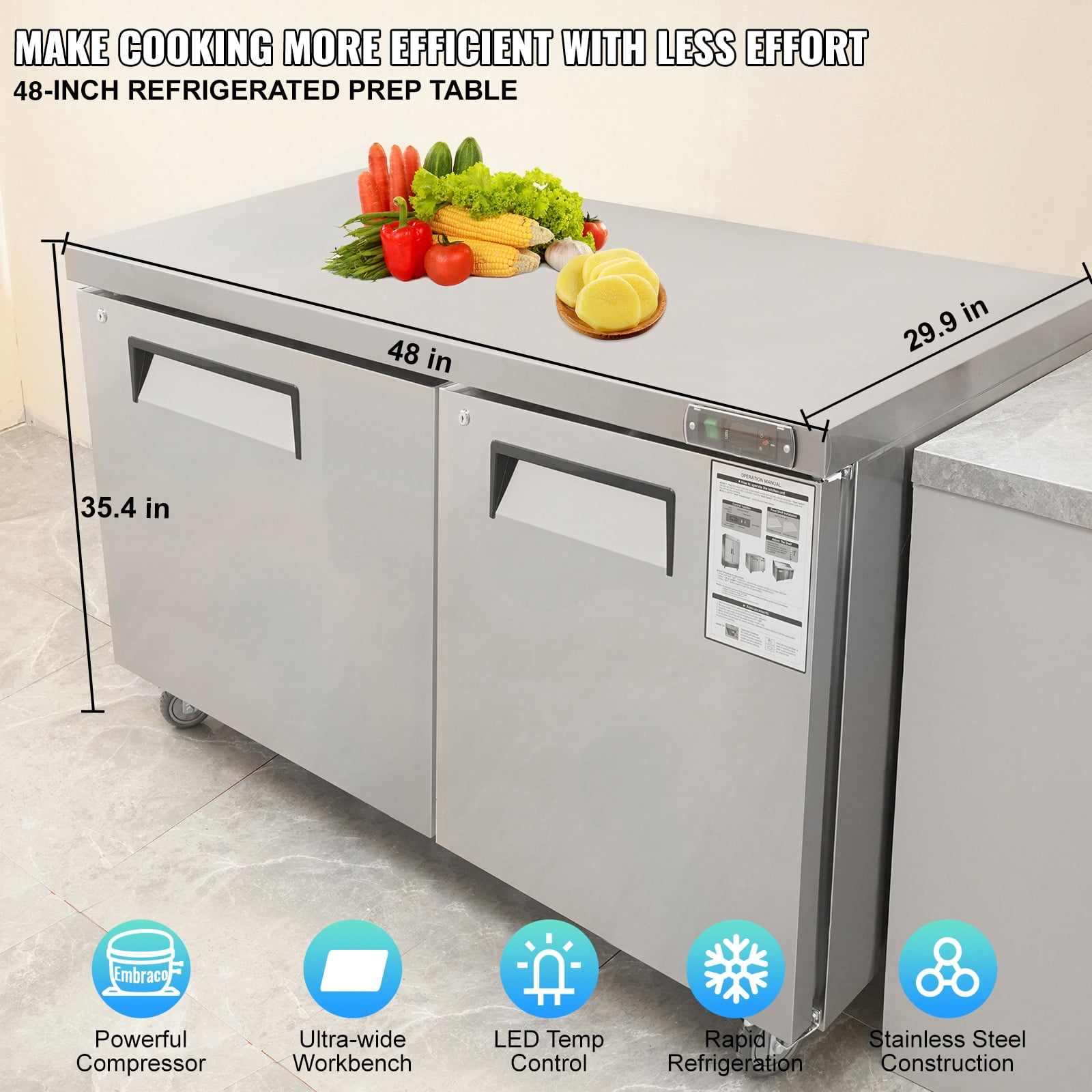 KFFKFF Commercial Undercounter Refrigerator, 48" Worktop Refrigerated Food Prep Station, 12.85 Cu. Ft Durable Stainless Steel 2-Door Fridge with Lock for Restaurants, Bars, and Diners
