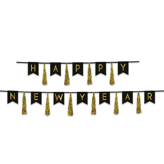 Set of 24 Black and Gold Happy New Year Tassel Streamer -13"