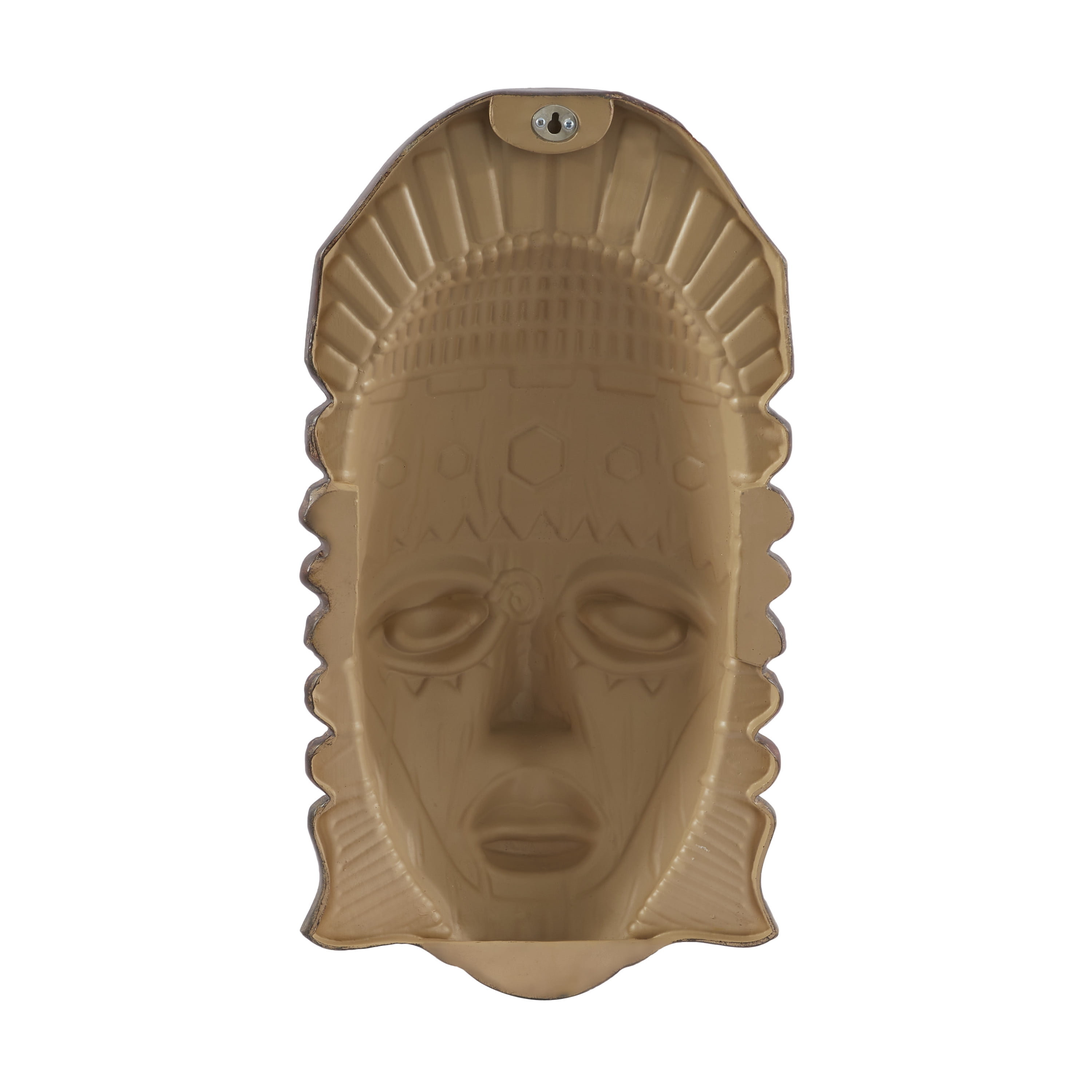 DecMode Brown Polystone Mask African Tribal Home Wall Decor with Cream and Navy Carvings and Mirrored Gold Accents, 11" x 20" x 6"