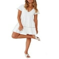 thumbnail image 3 of Mini-robe pour Femmes Manches Courtes V Cou Robe Décontractée Courte Coupe Ample Robe de Couleur Unie Sundresses Blanc L, 3 of 8
