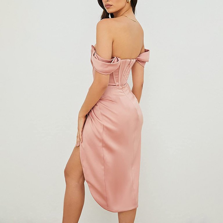 Women Elegant Off Shoulder Push Up Midi Tube Dress With High Slit Cocktail  Wedding Guest Birthday Club Party Dresses Note Please Buy One Or Two Sizes  Larger