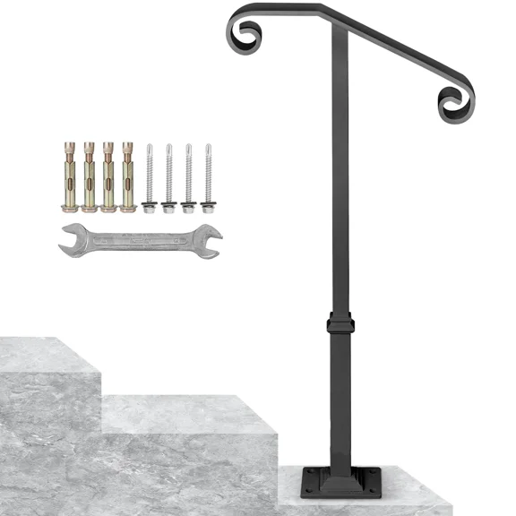 Outdoor Step Handrails for 1 or 2 Steps,Wrought Iron Single Post Railing,Gray Transitional Porch Railings for Concrete or Wooden Stairs