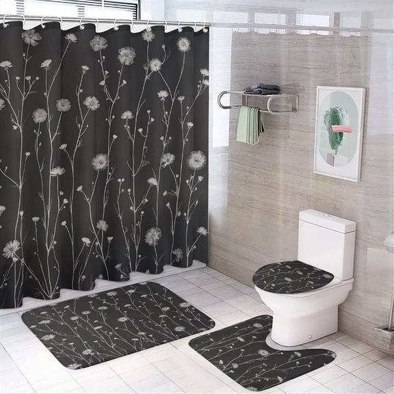 Black White Wildflowers 4Pcs Shower Curtain Set with Rugs Rug Toilet Lid Cover And Non-Slip U Shape Mat Black And White Botanical Waterproof Shower Curtain for Bathroom Decor