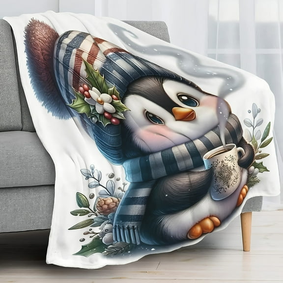 Winter Little Penguin With Hat Cute Fun Print Flannel Blanket Soft Warm Cozy Skin-friendly Blanket For Sofa Bed Car Camping Office Home Decor Gift Blanket For All Seasons-Knit Fabric