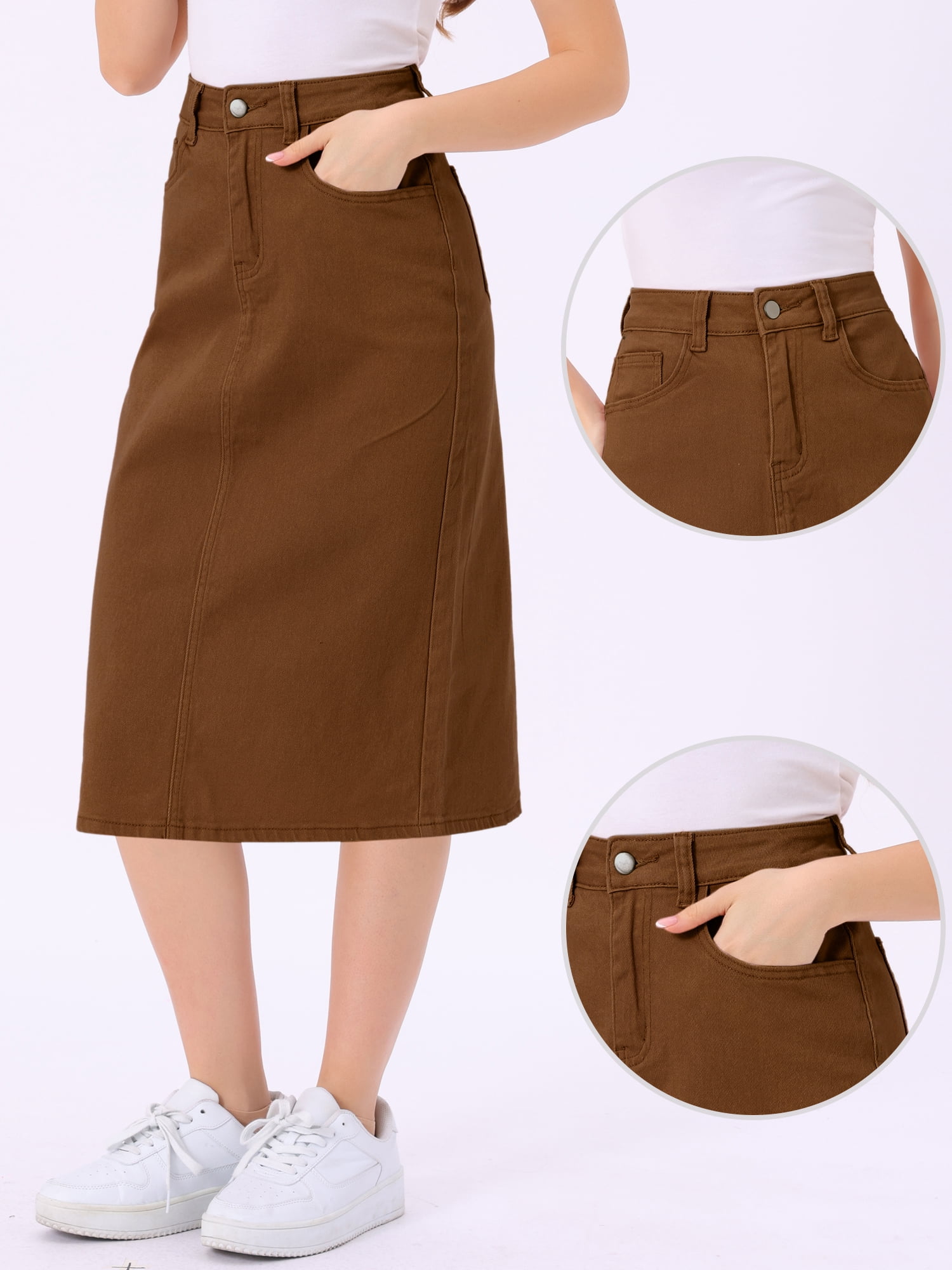 DARING DIVA Women's Zipped and Button Denim Split Back Pockets Midi Jean Skirts XL Dark Brown