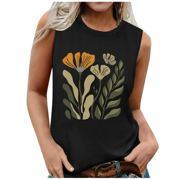 Women's Summer Tank Tops Trendy Flower Printed Crew Neck Sleeveless Shirts Casual Loose Fit Blouses Beach Tees (XL, Black)