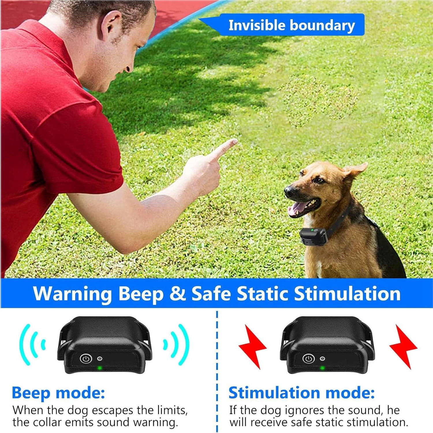 Wireless Dog Fence System with Vibration & Shock Modes - Waterproof Rechargeable Collar, Safe Boundary Control for Stubborn Dogs, No Random Over-Correction, Indoor/Outdoor Pet Containment