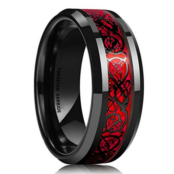 Wedding Ring Men & Women 8mm Black Tungsten Band Black Celtic Knot Over Red