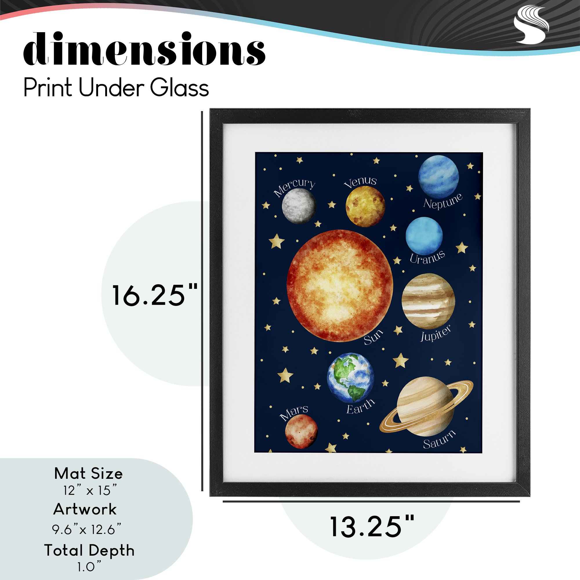 Educational Solar System Space Black Framed Print Under Glass, design by Christine Simpson Art