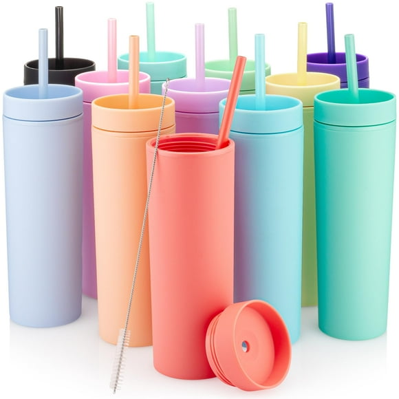 STRATA CUPS Multicolor Skinny Tumblers with Lids and Straws (12 pack) - 16oz Double Wall Acrylic Tumbler Tall Matte Skinny Tumblers Bulk with Free Straw Cleaner Reusable Cups